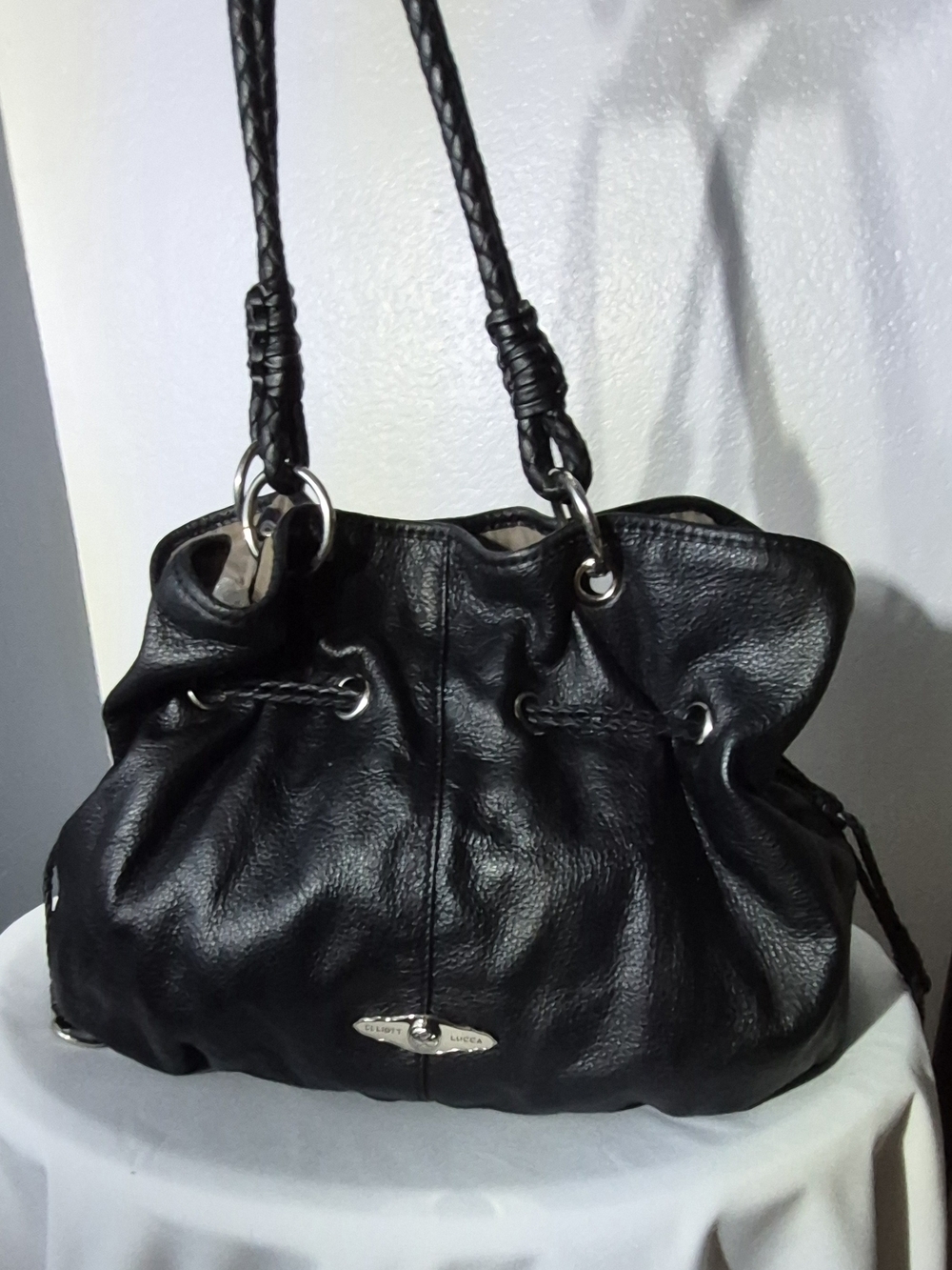 Elliott Lucca Black Pebble Leather Drawstring Hobo